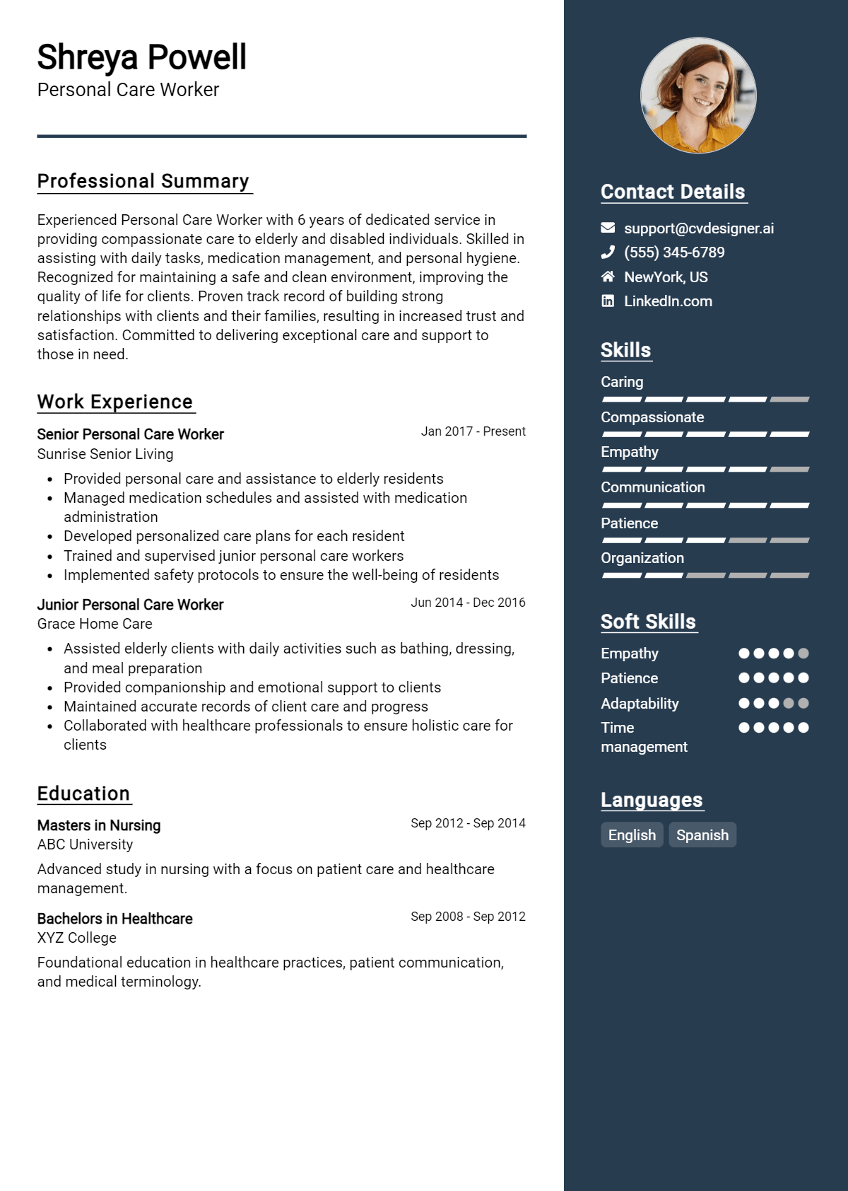 Personal Care Worker Resume Example