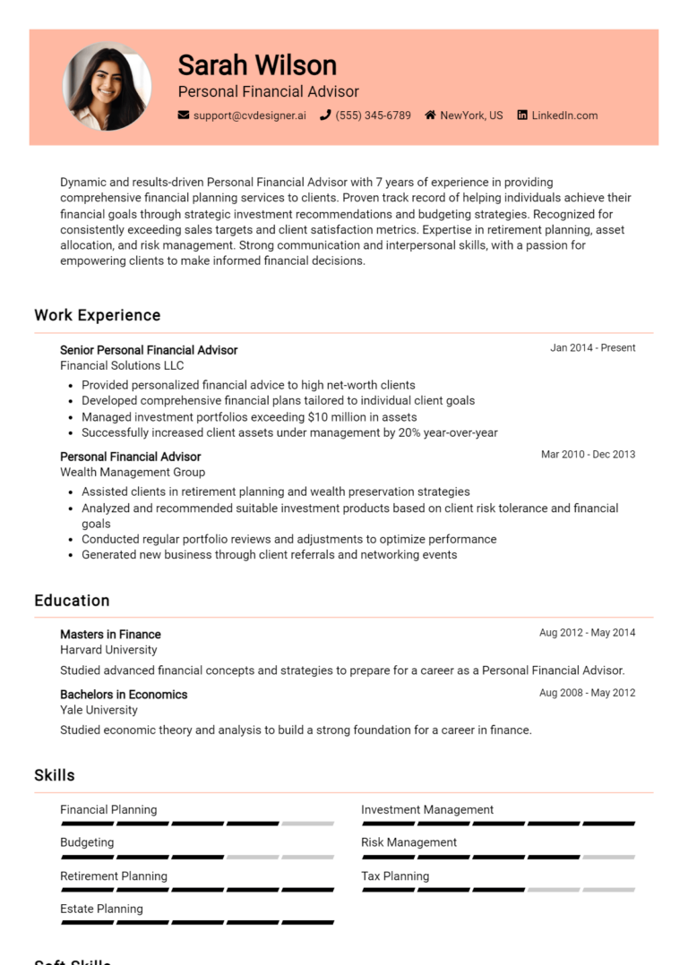 Personal Financial Advisor Resume Example for 2025: Samples & Best Practices