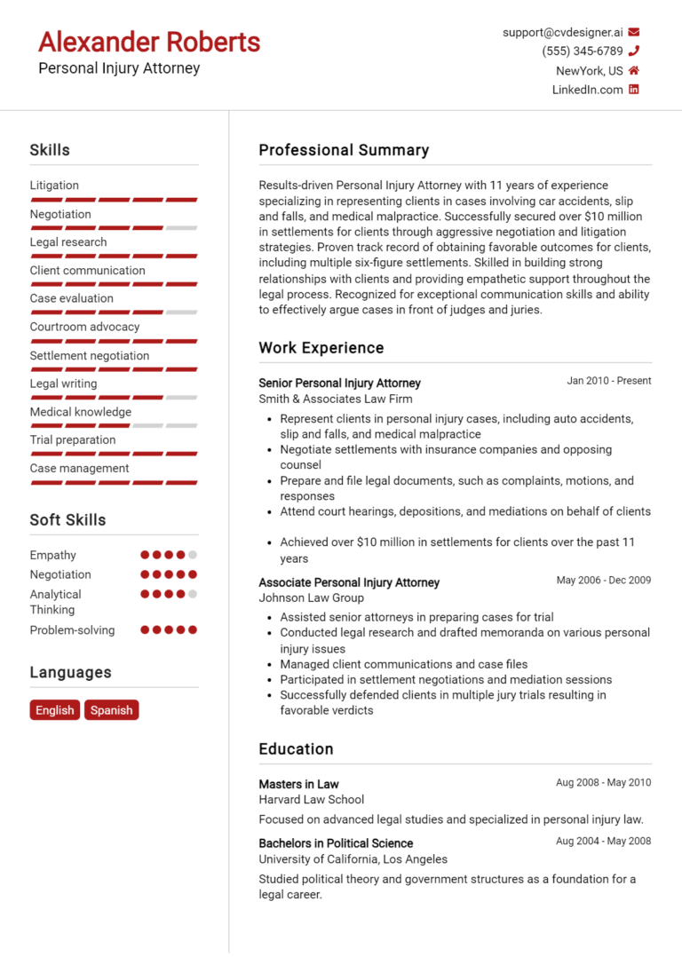 Personal Injury Attorney Resume Example for 2025: Best Writing Guide