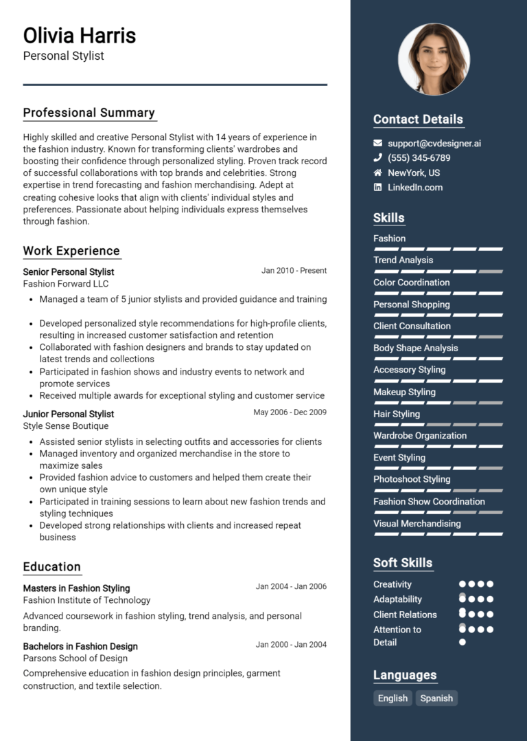 Personal Stylist Resume Example for 2025: Top CV Skills