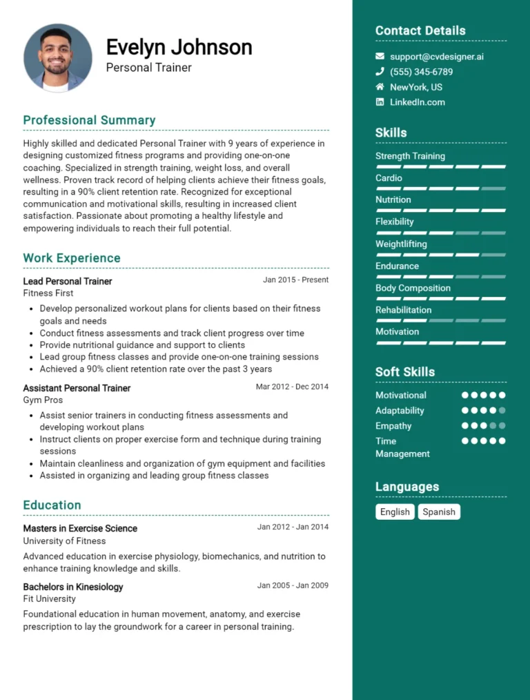Personal Trainer CV Example For 2025: Examples & Free Templates