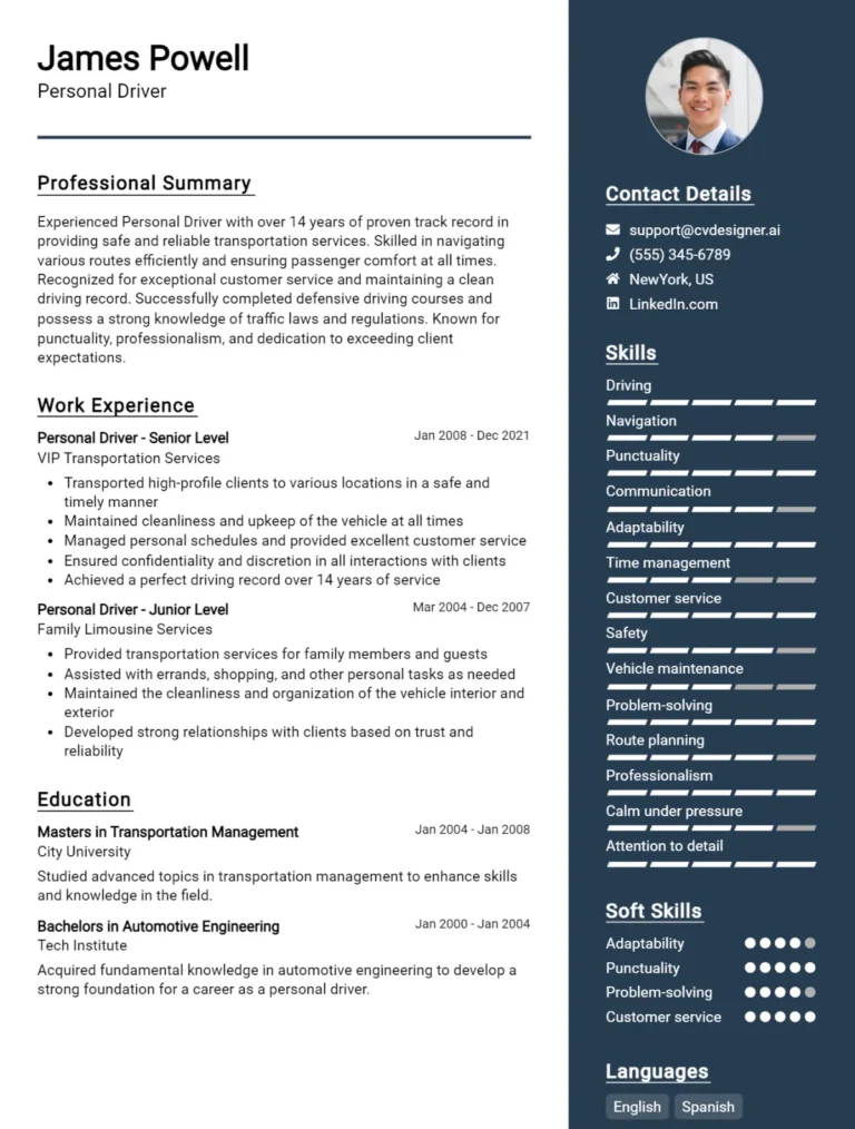 Personal Driver CV Example For 2025: Best Writing Guide