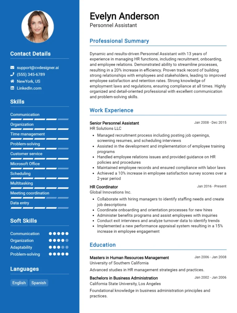 Personnel Assistant CV Example For 2025: Free Professional Templates