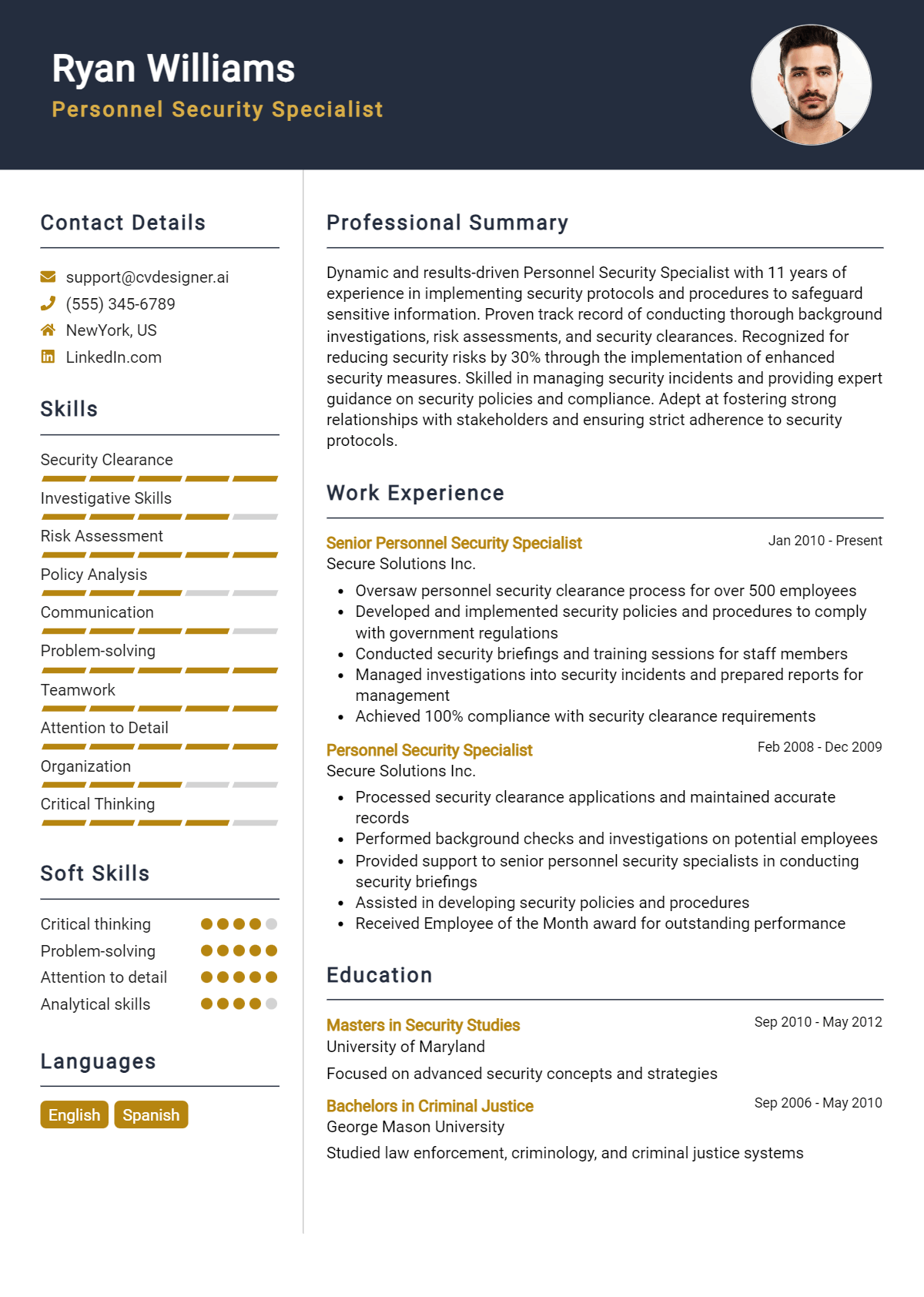 Personnel Security Specialist Resume Example