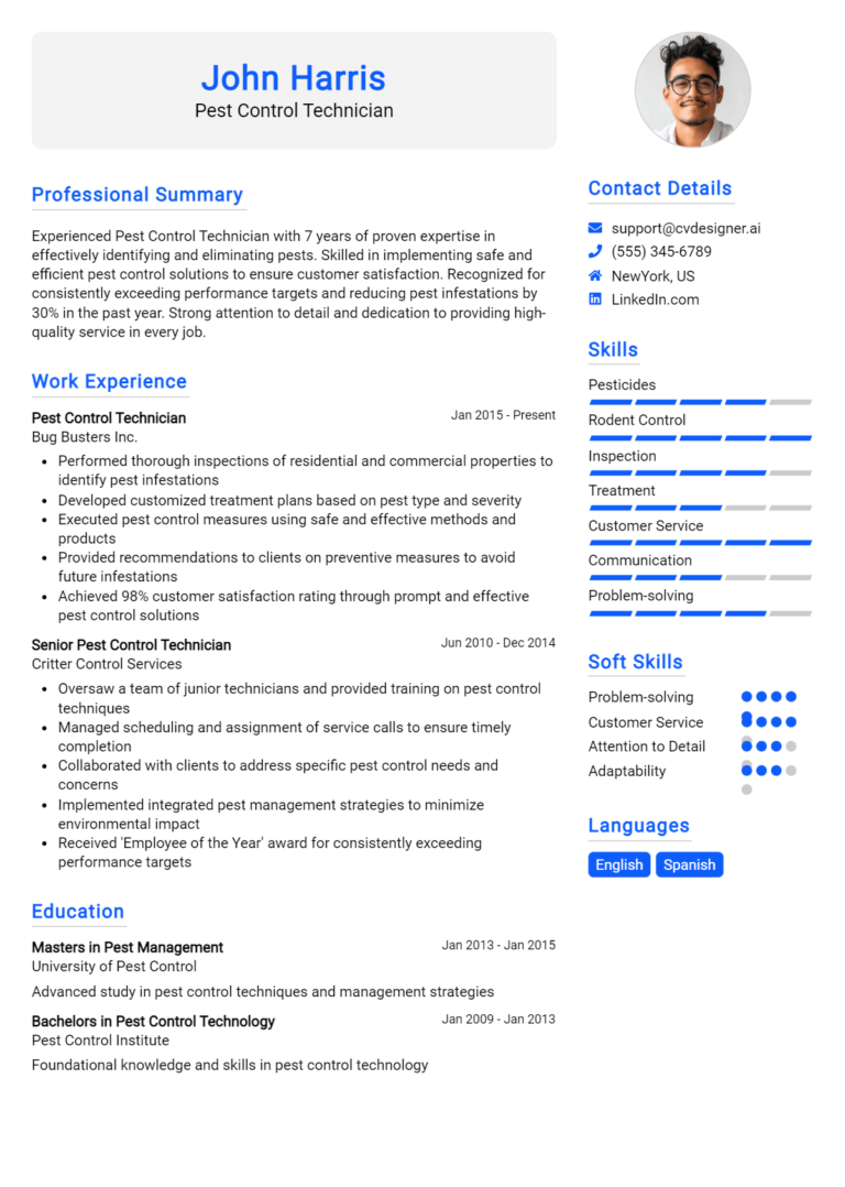 16 Pest Control Technician Resume Examples for 2025: Tips & Templates