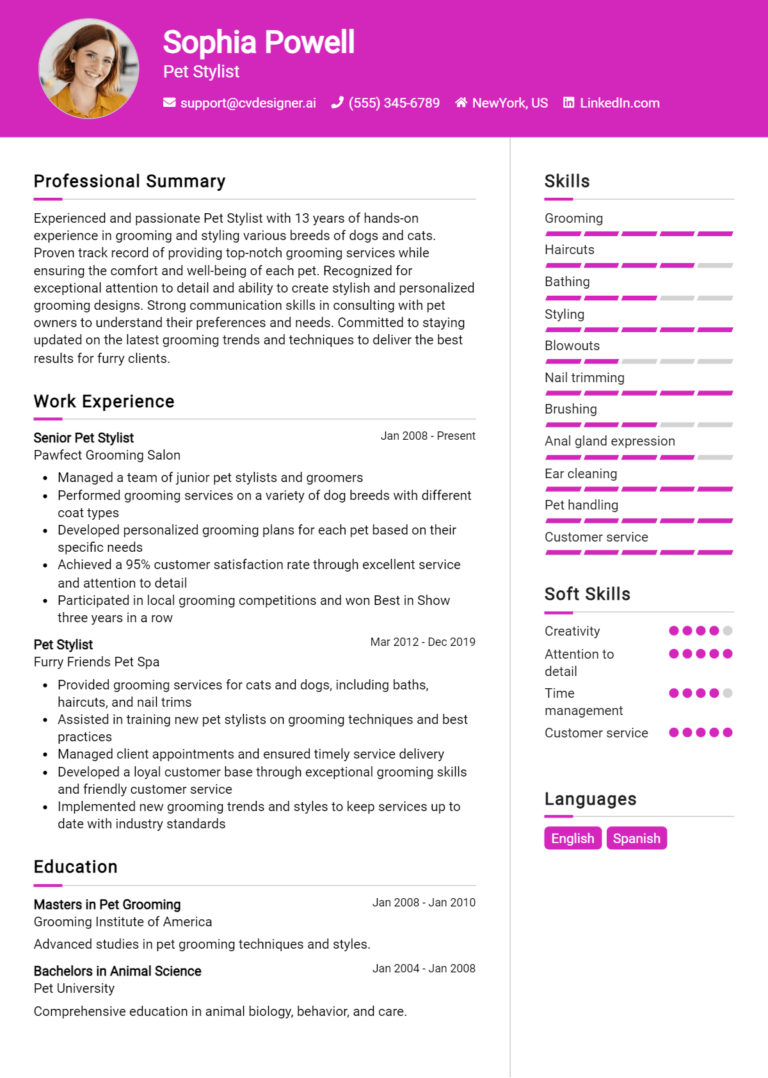 Pet Stylist Resume Example for 2025: Downloadable Templates 1 Pet Stylist Resume Example for 2025: Downloadable Templates