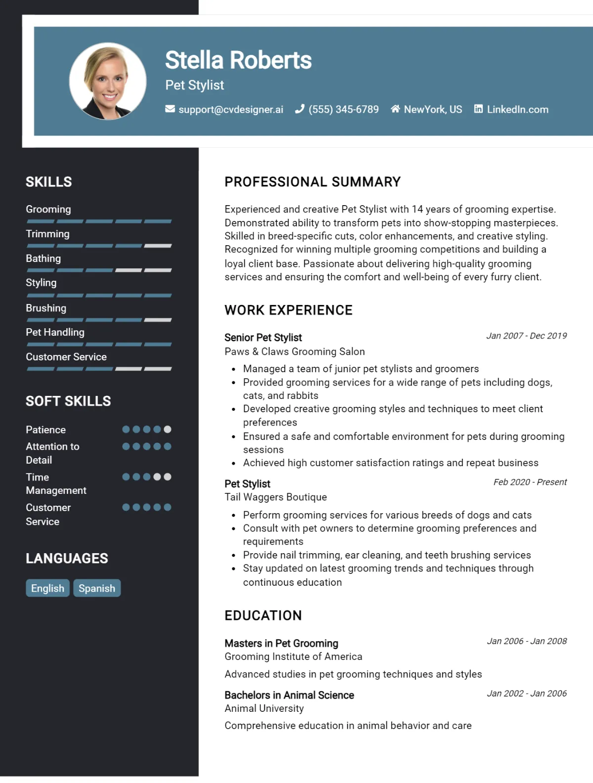 Pet Stylist CV Example