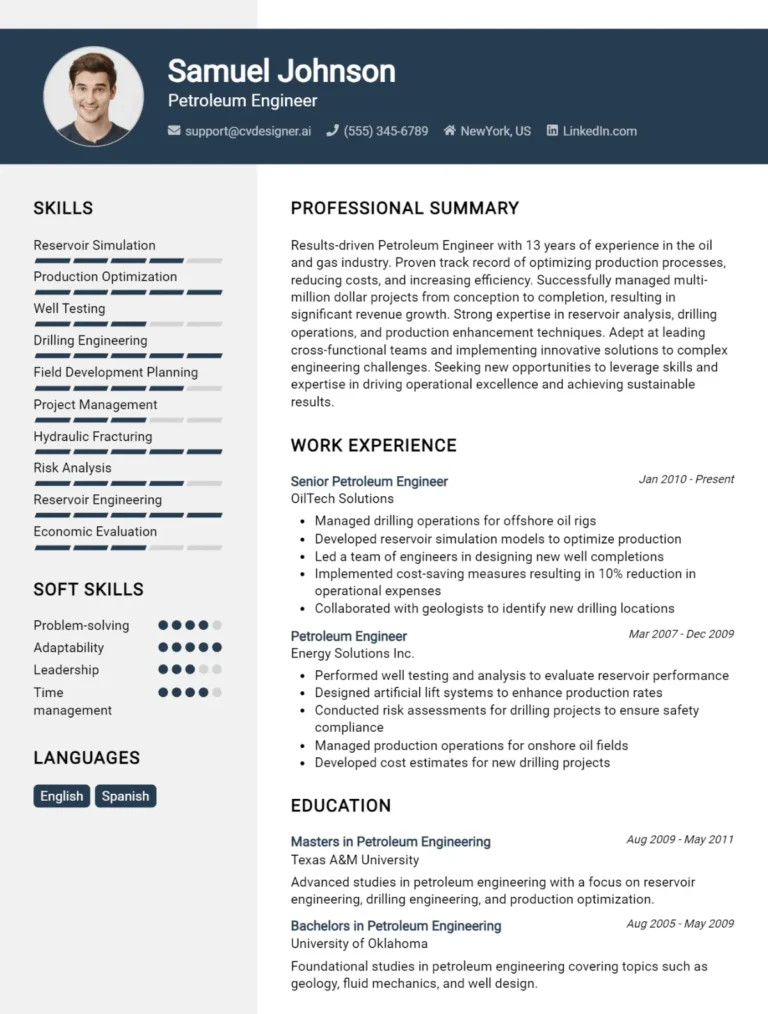 Petroleum Engineer CV Example For 2025: Effective CV Writing Tips