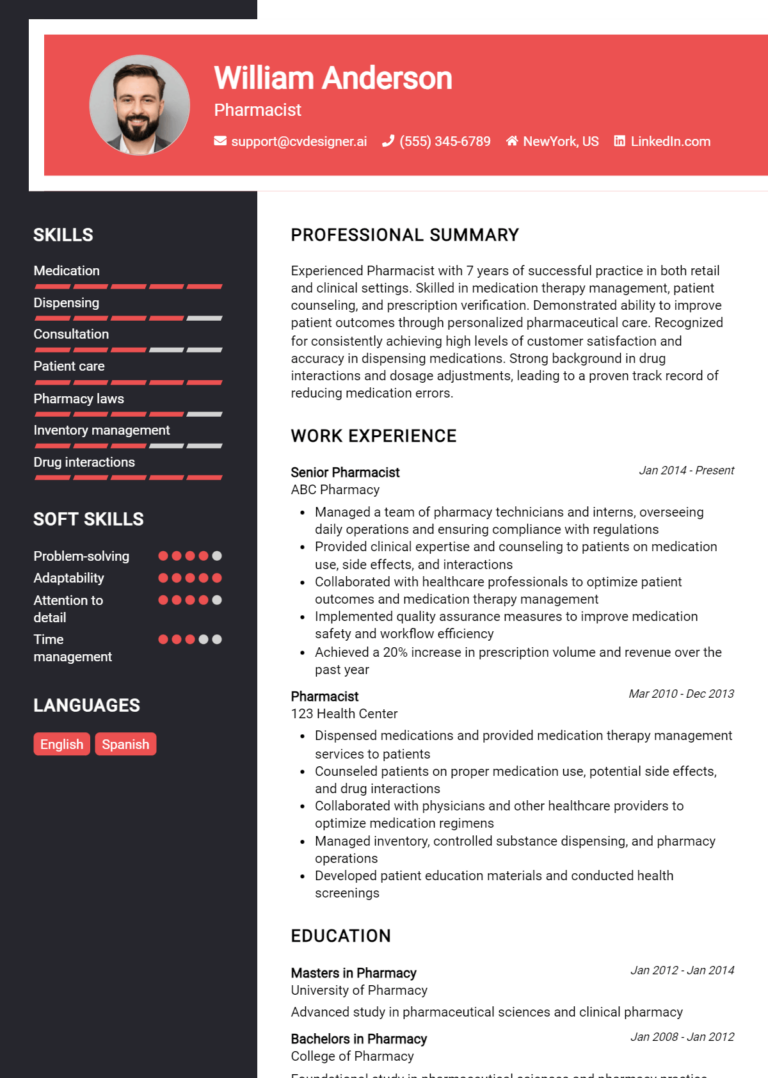 Pharmacist Resume Example for 2025: Free Professional Templates