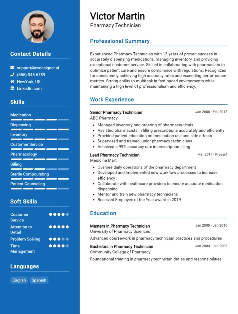 Pharmacy Technician CV Example For 2025: Examples & Free Templates