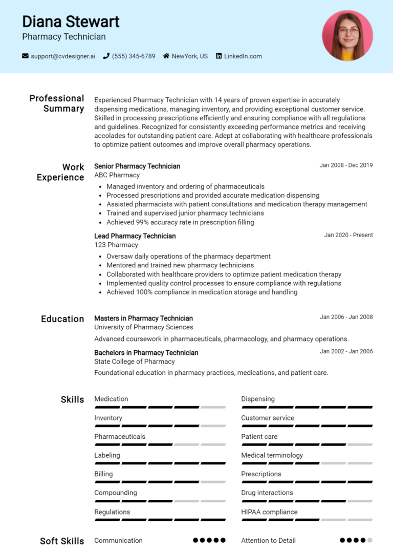 Pharmacy Technician Resume Example for 2025: How to Create a Professional CV