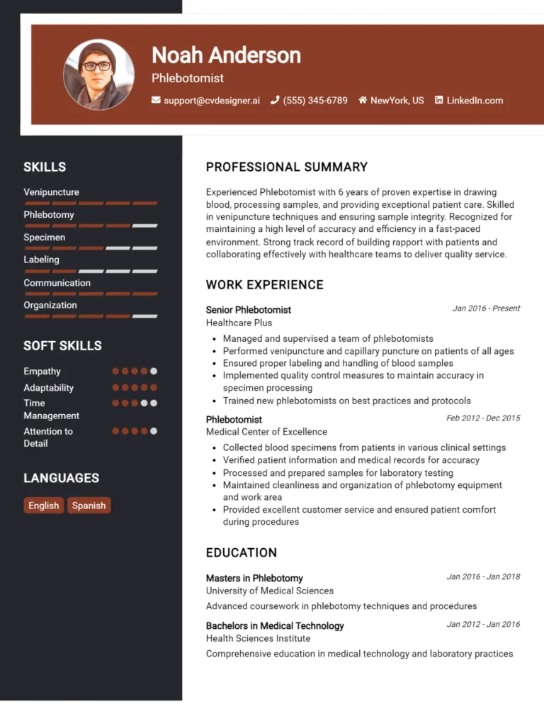 Phlebotomist CV Example For 2025: Examples & Free Templates