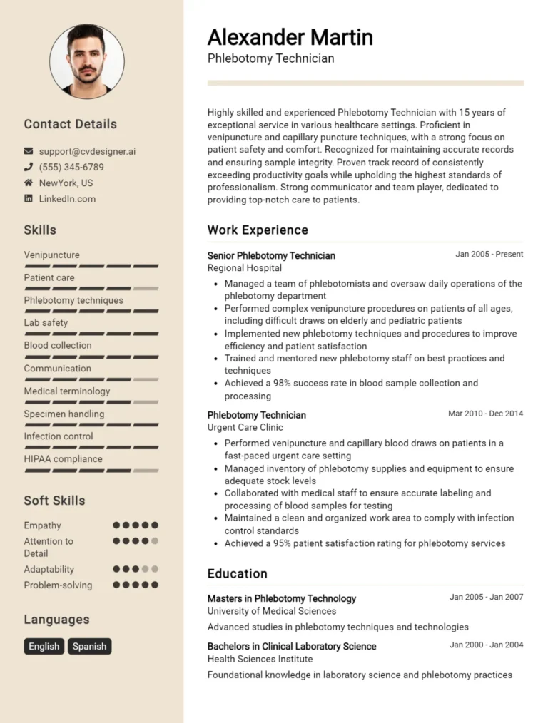 Phlebotomy Technician CV Example For 2025: Free Downloadable Templates