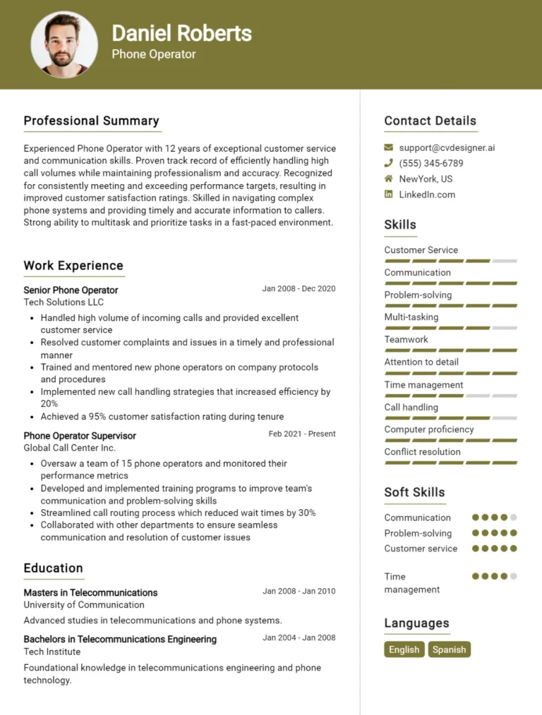 Phone Operator CV Example For 2025: Best Writing Guide