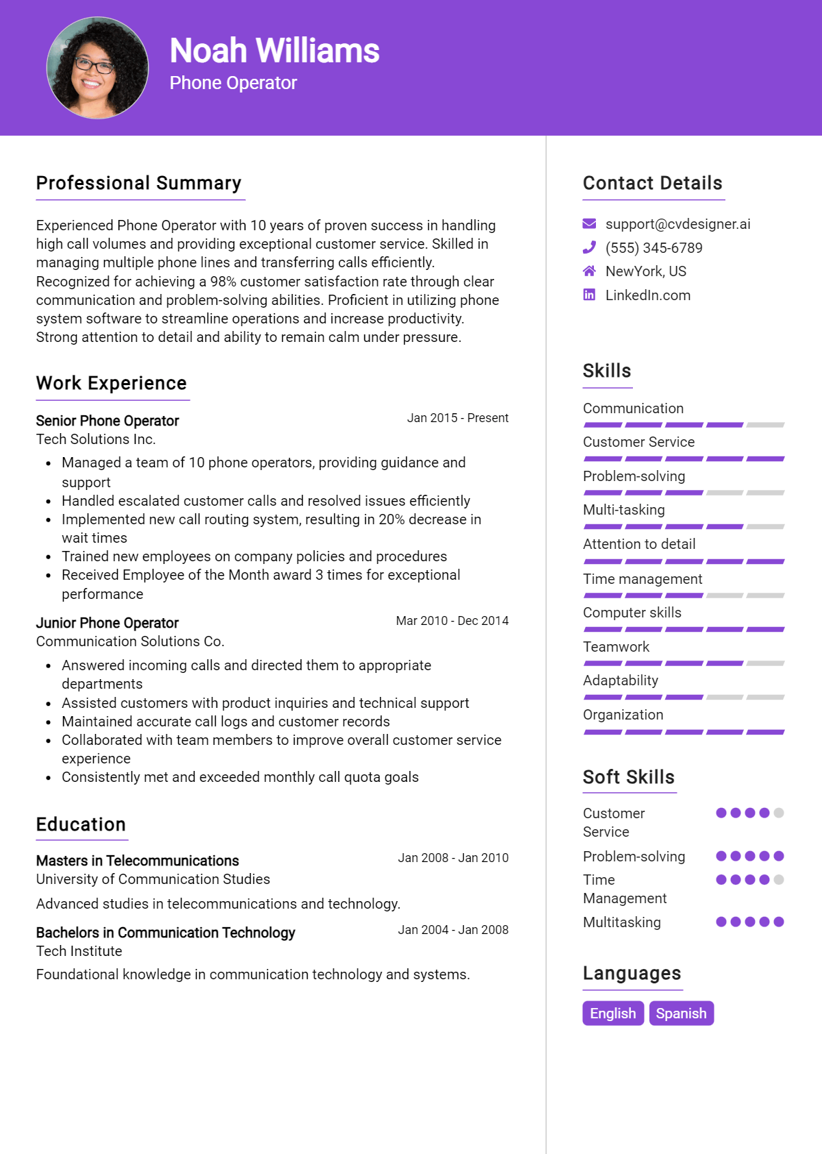 Phone Operator Resume Example for 2024: Ultimate Guide - CVDesigner.ai