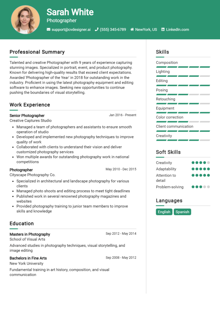 Photographer Resume Example for 2025: Best Writing Tips