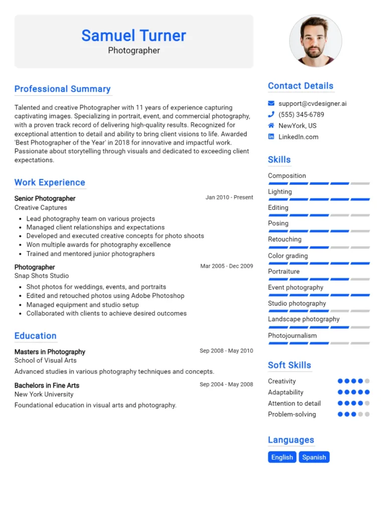 Photographer CV Example For 2025: How to Craft a Winning CV