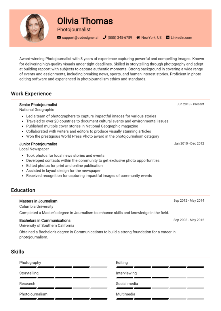 Photojournalist Resume Example for 2025: Downloadable Templates