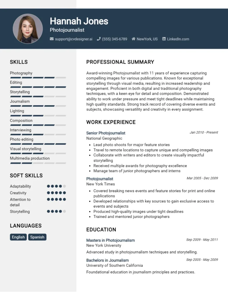 Photojournalist CV Example For 2025: Expert Tips & Templates