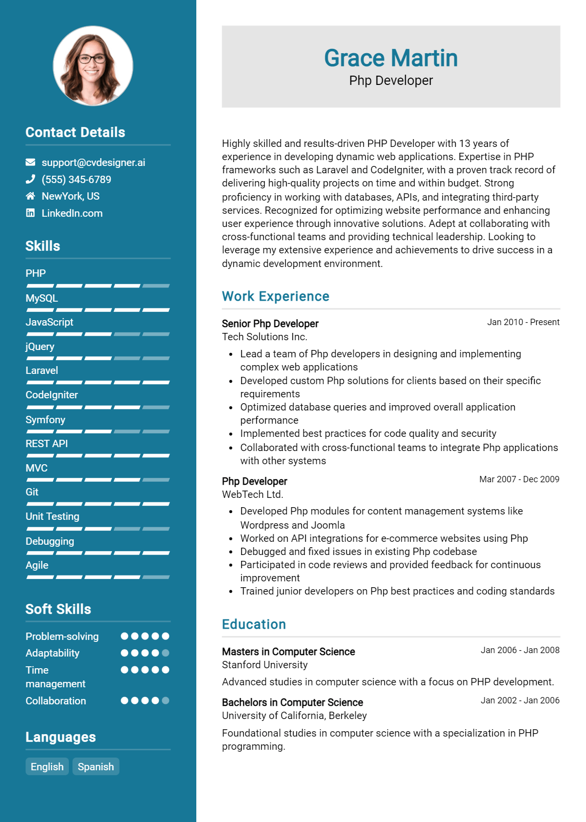 PHP Developer Resume Example for 2024: Top CV Skills - CVDesigner.ai