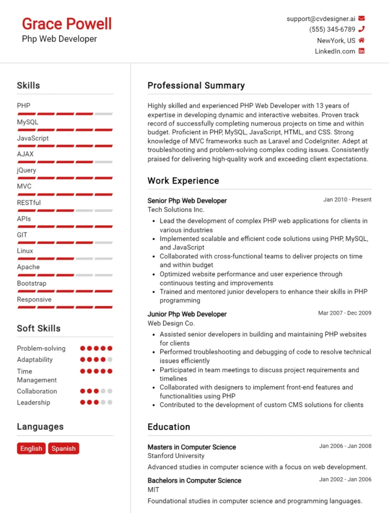 Php Web Developer CV Example