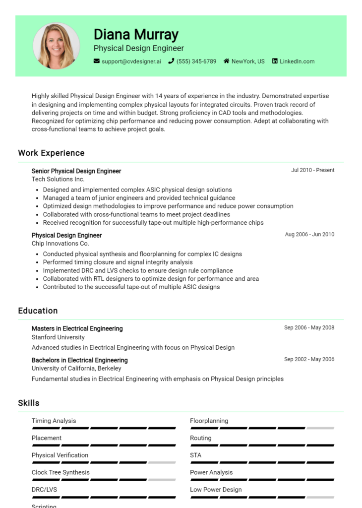 Physical Design Engineer Resume Example