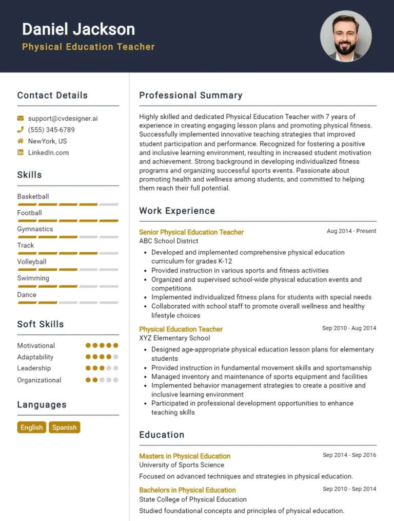 Physical Education Teacher CV Example For 2025: Best Formatting Tips