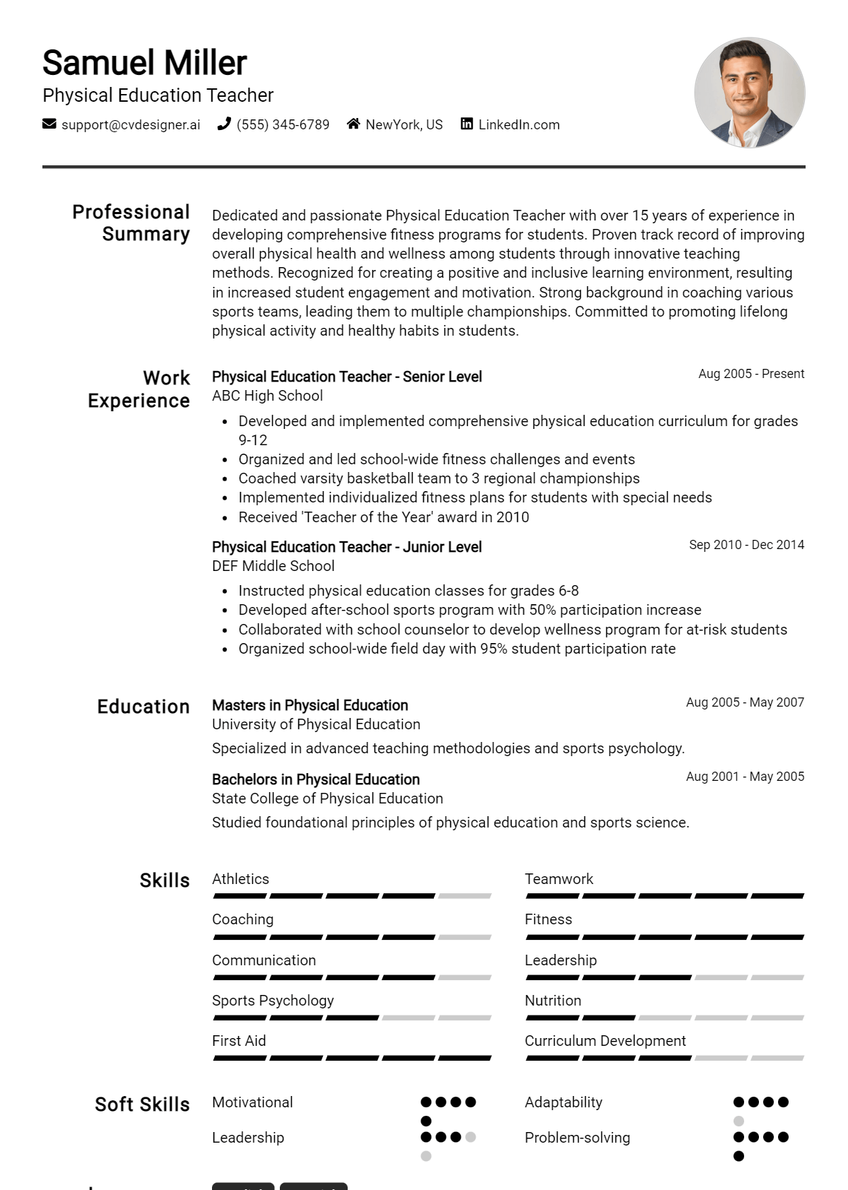 Physical Education Teacher Resume Example