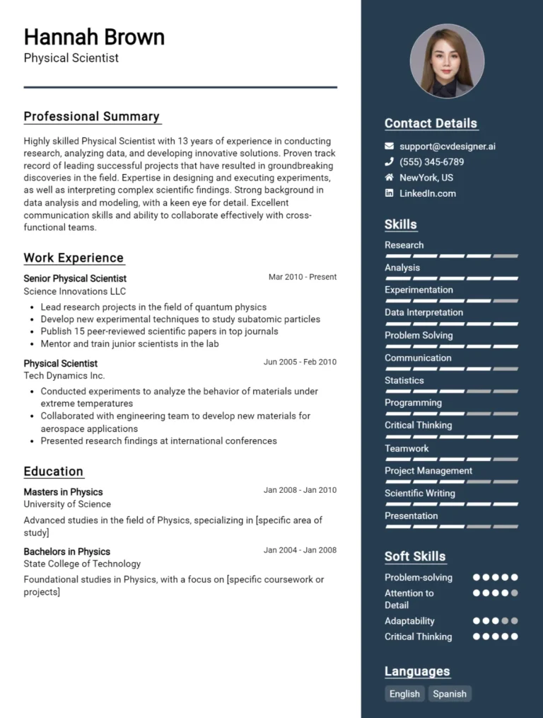 Physical Scientist CV Example For 2025: Expert Tips & Templates