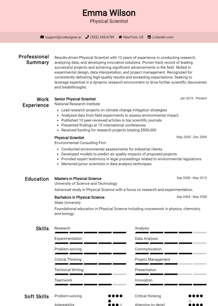 Physical Scientist Resume Example