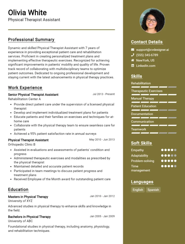 Physical Therapist Assistant CV Example For 2025: Best Formatting Tips