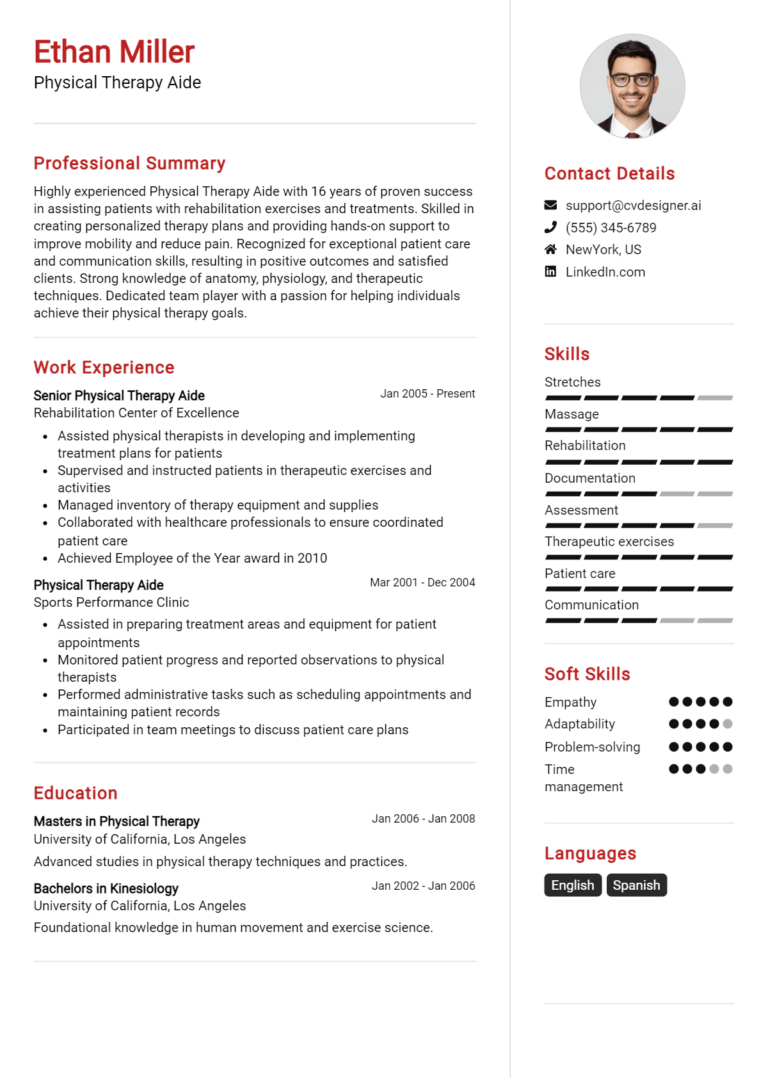 Physical Therapy Aide Resume Example for 2025: Top CV Skills