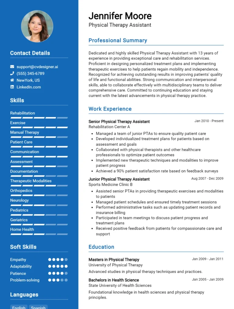 Physical Therapy Assistant CV Example For 2025: Effective CV Writing Tips