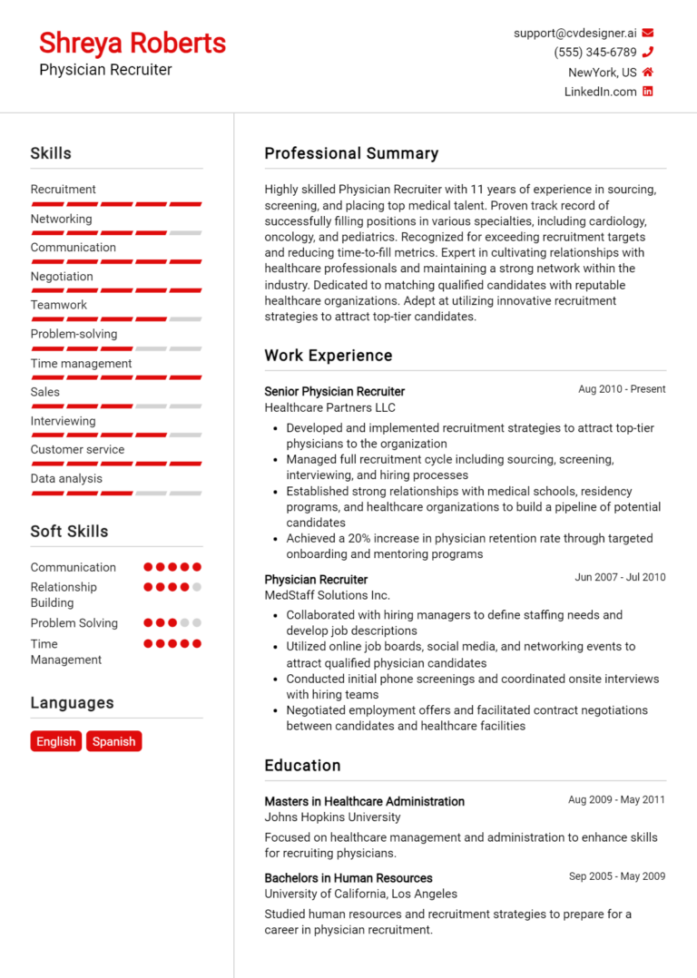 Physician Recruiter Resume Example for 2025: Free Downloadable Templates