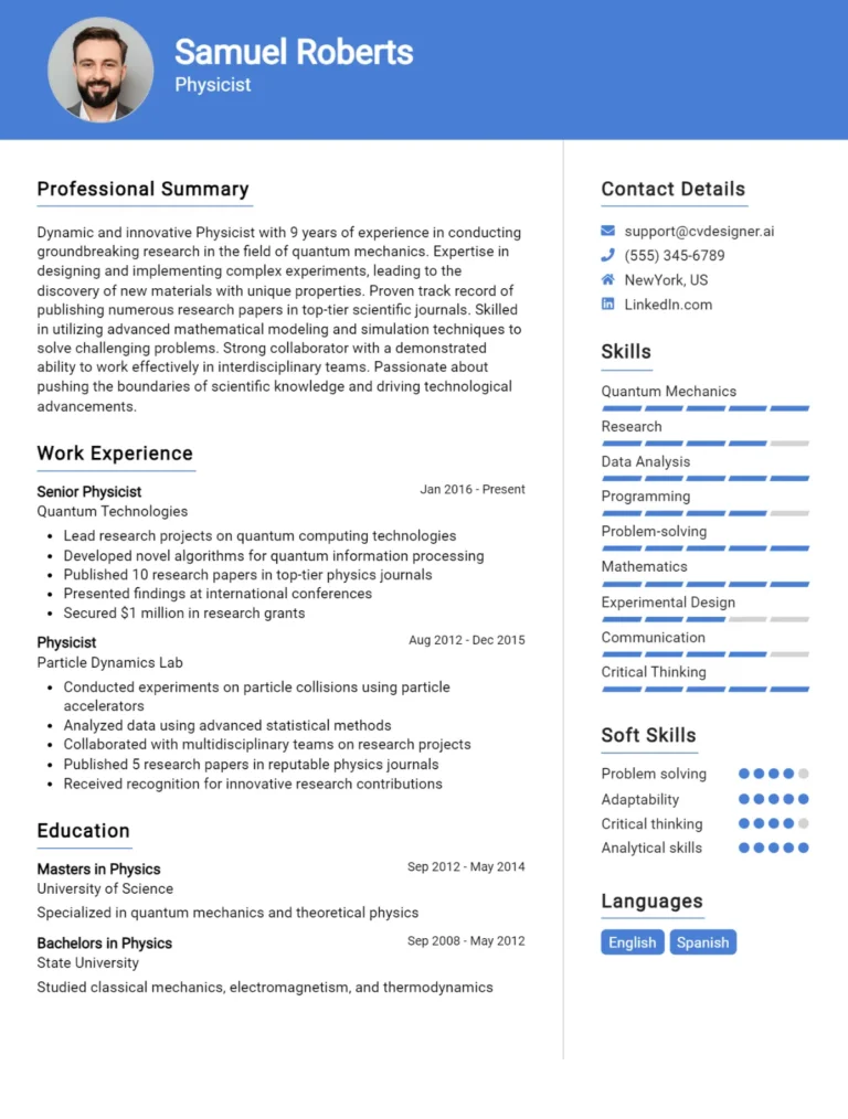Physicist CV Example For 2025: Examples & Free Templates