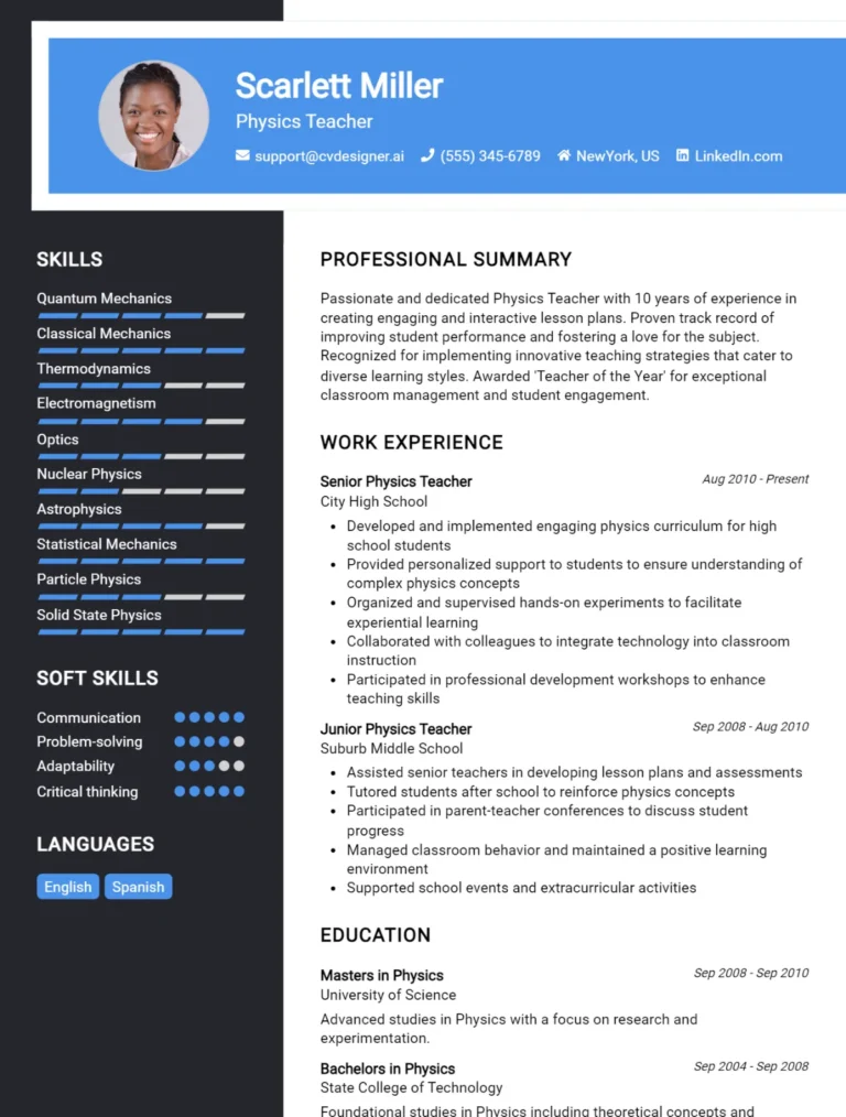 Physics Teacher CV Example For 2025: Top CV Skills