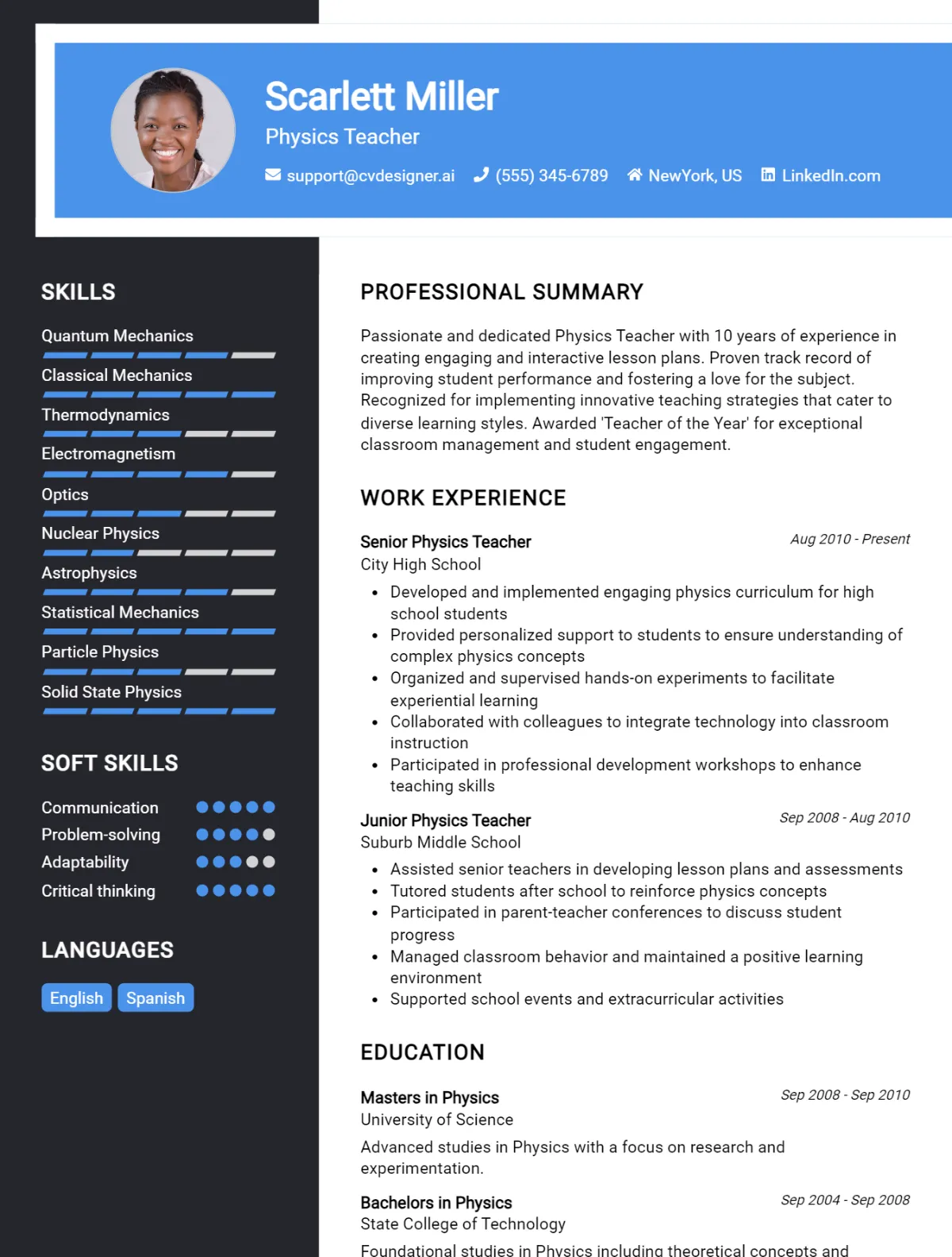 Physics Teacher CV Example