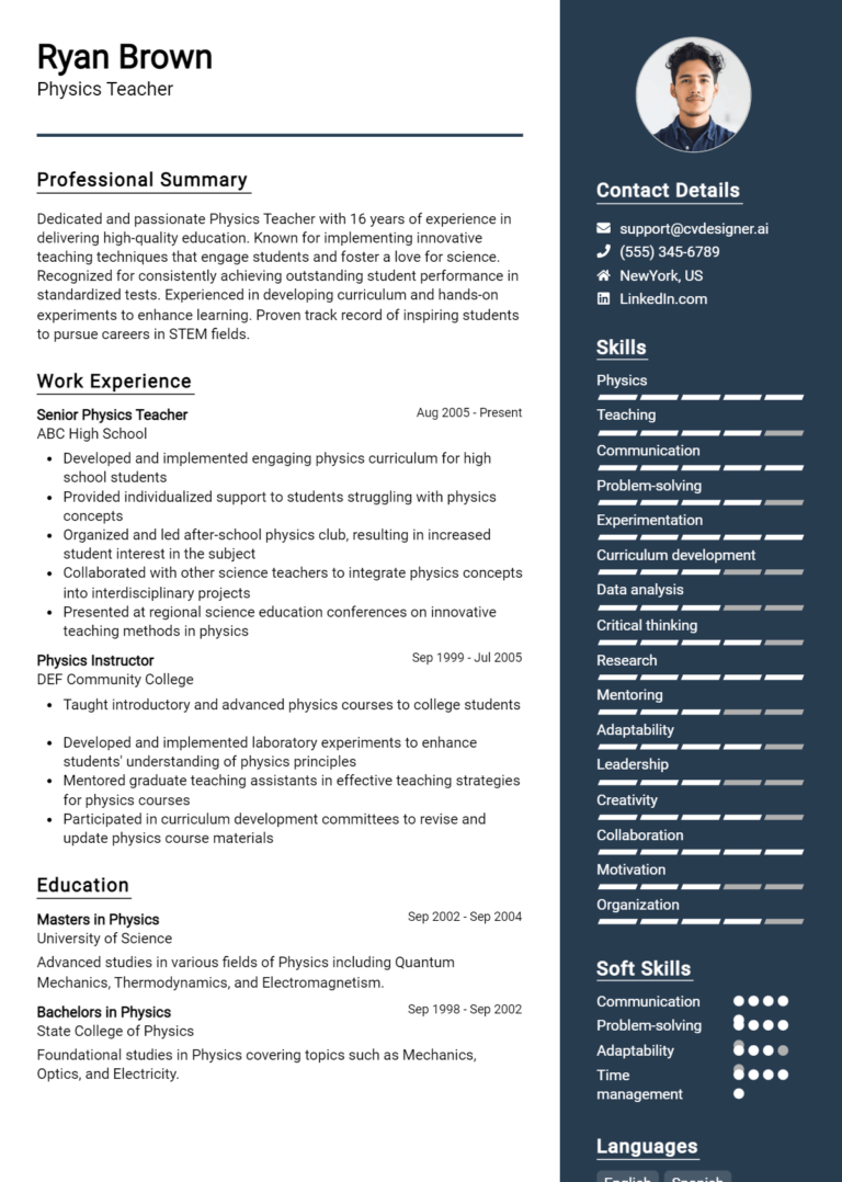 Physics Teacher Resume Example for 2025: Best Writing Guide