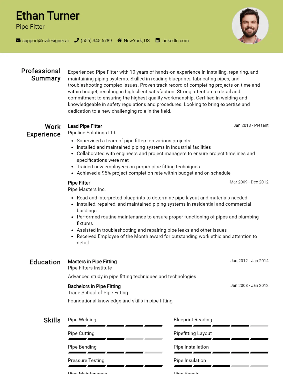 Pipe Fitter CV Example