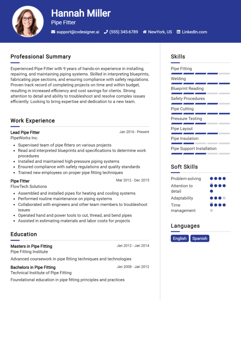Pipe Fitter Resume Example for 2025: Top CV Skills