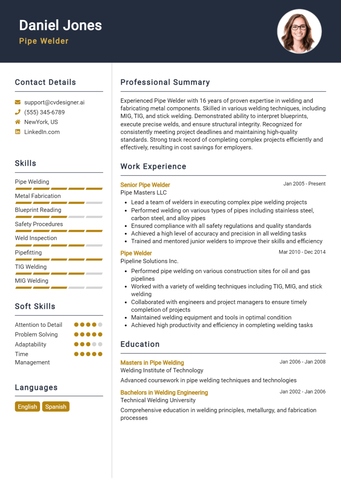 Pipe Welder Resume Example for 2024: Best Tips & Templates - CVDesigner.ai