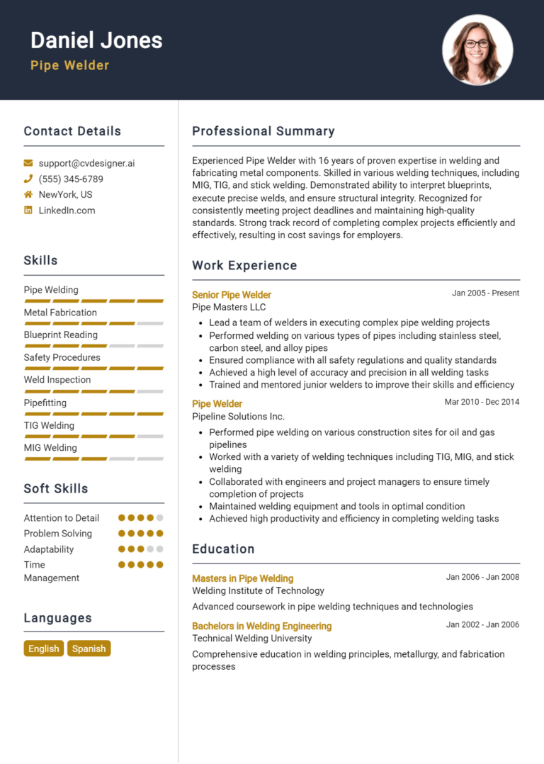 Pipe Welder Resume Example for 2025: Best Tips & Templates