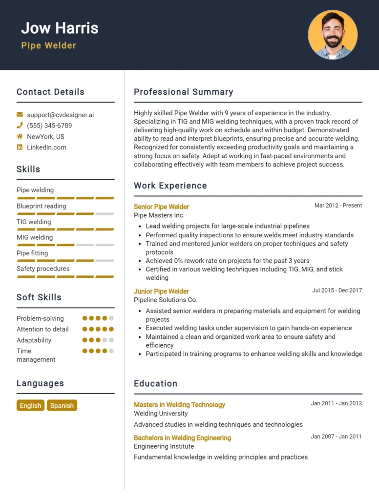 Pipe Welder CV Example