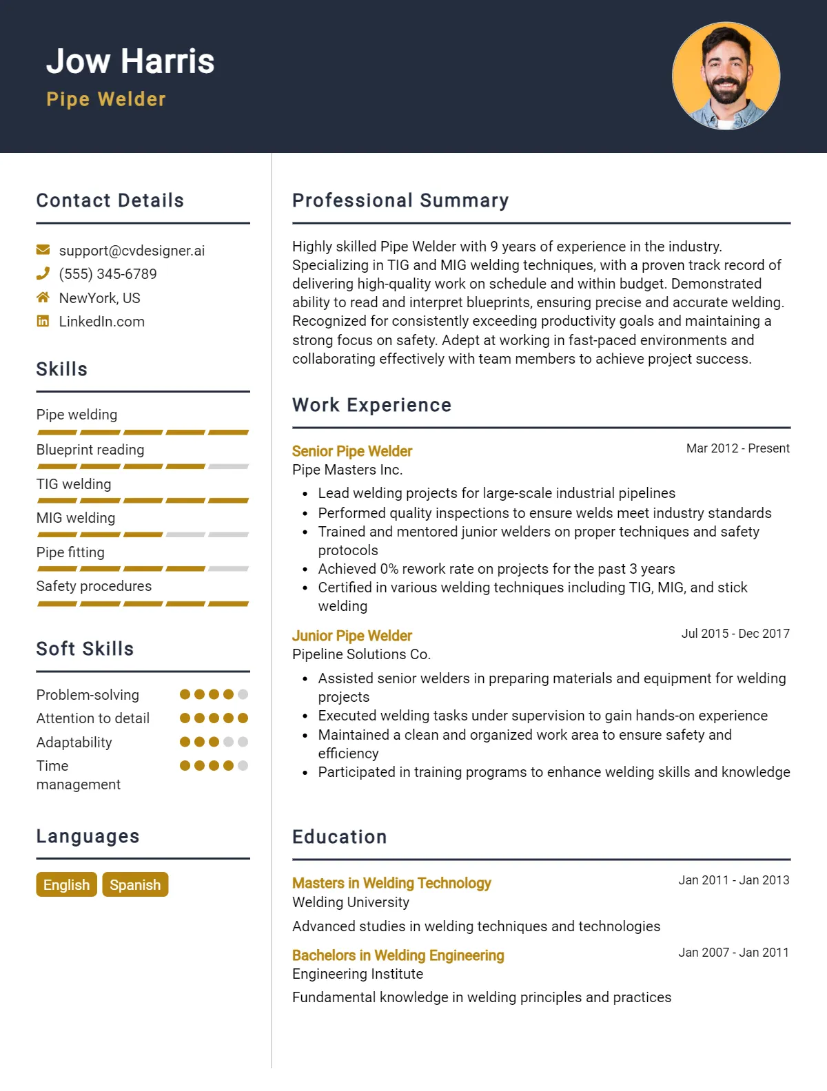 Pipe Welder CV Example