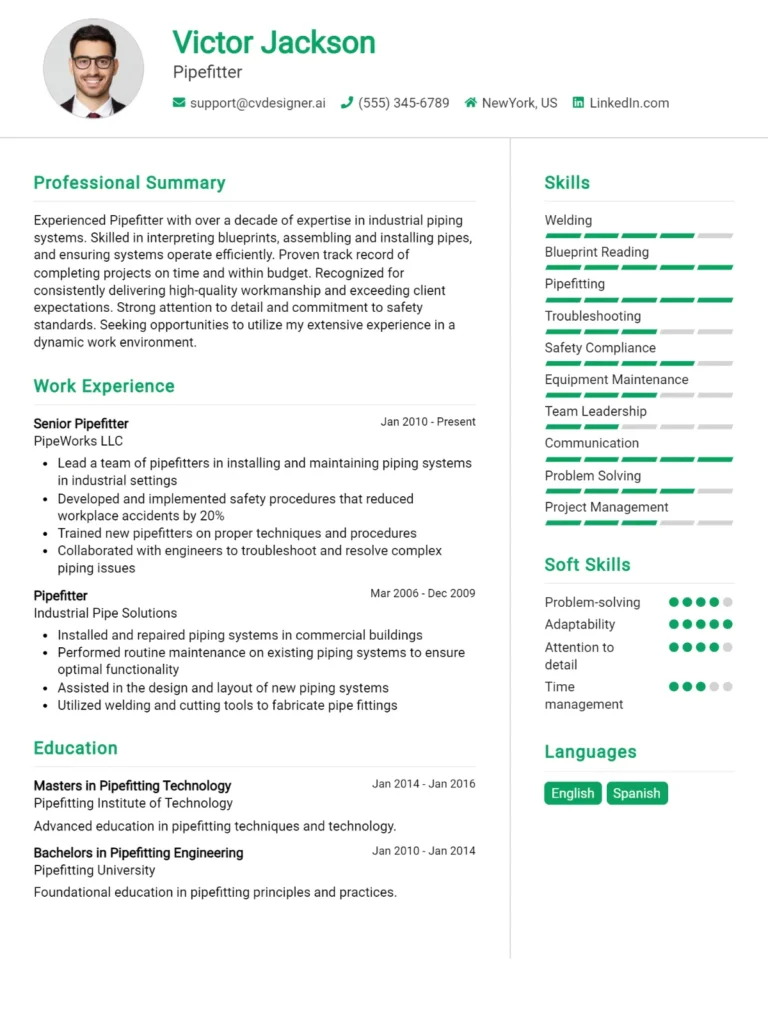 Pipefitter CV Example For 2025: Best Writing Guide