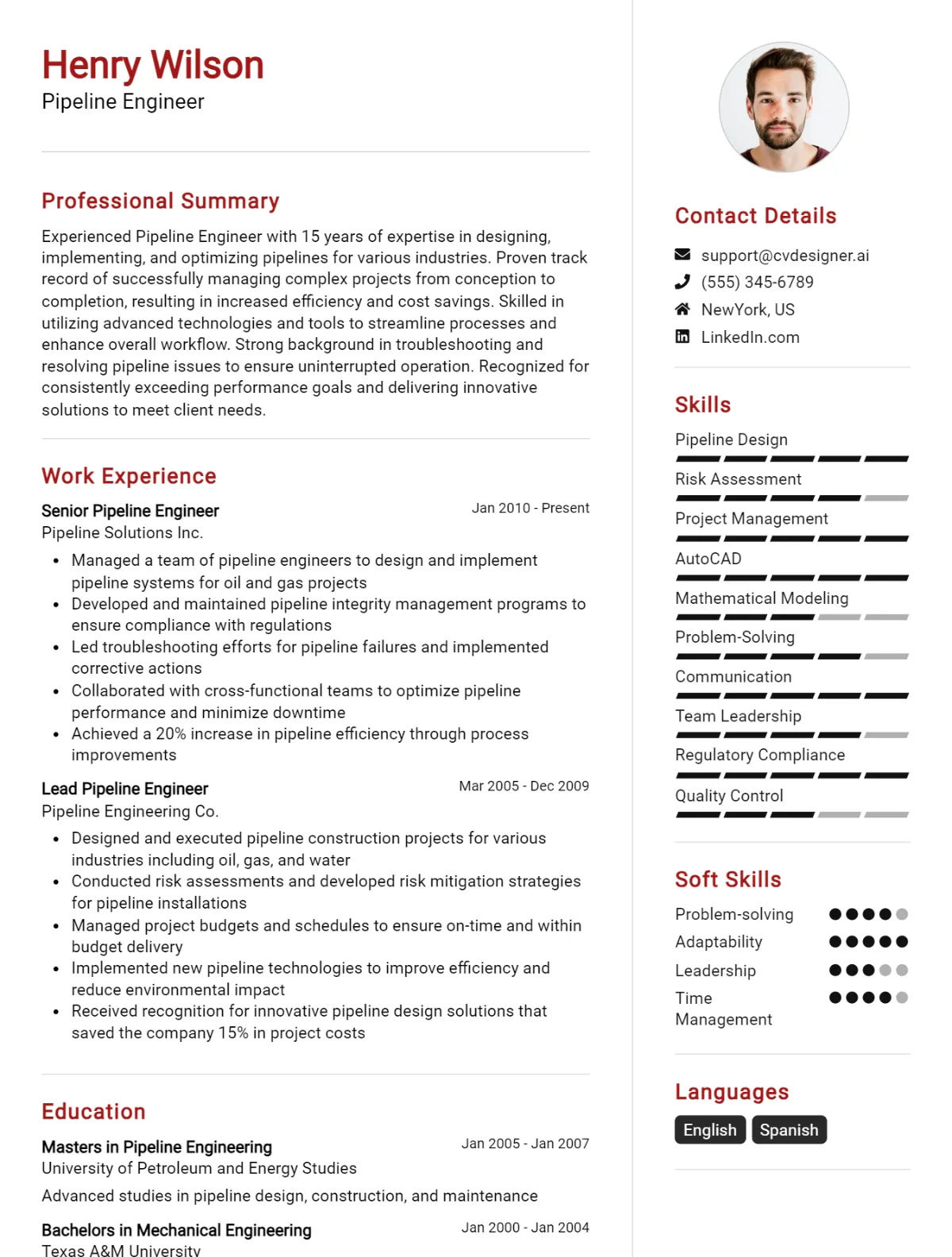 Pipeline Engineer CV Example