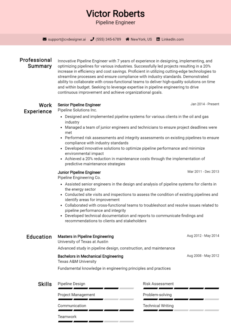 Pipeline Engineer Resume Example for 2025: Strategies & Templates