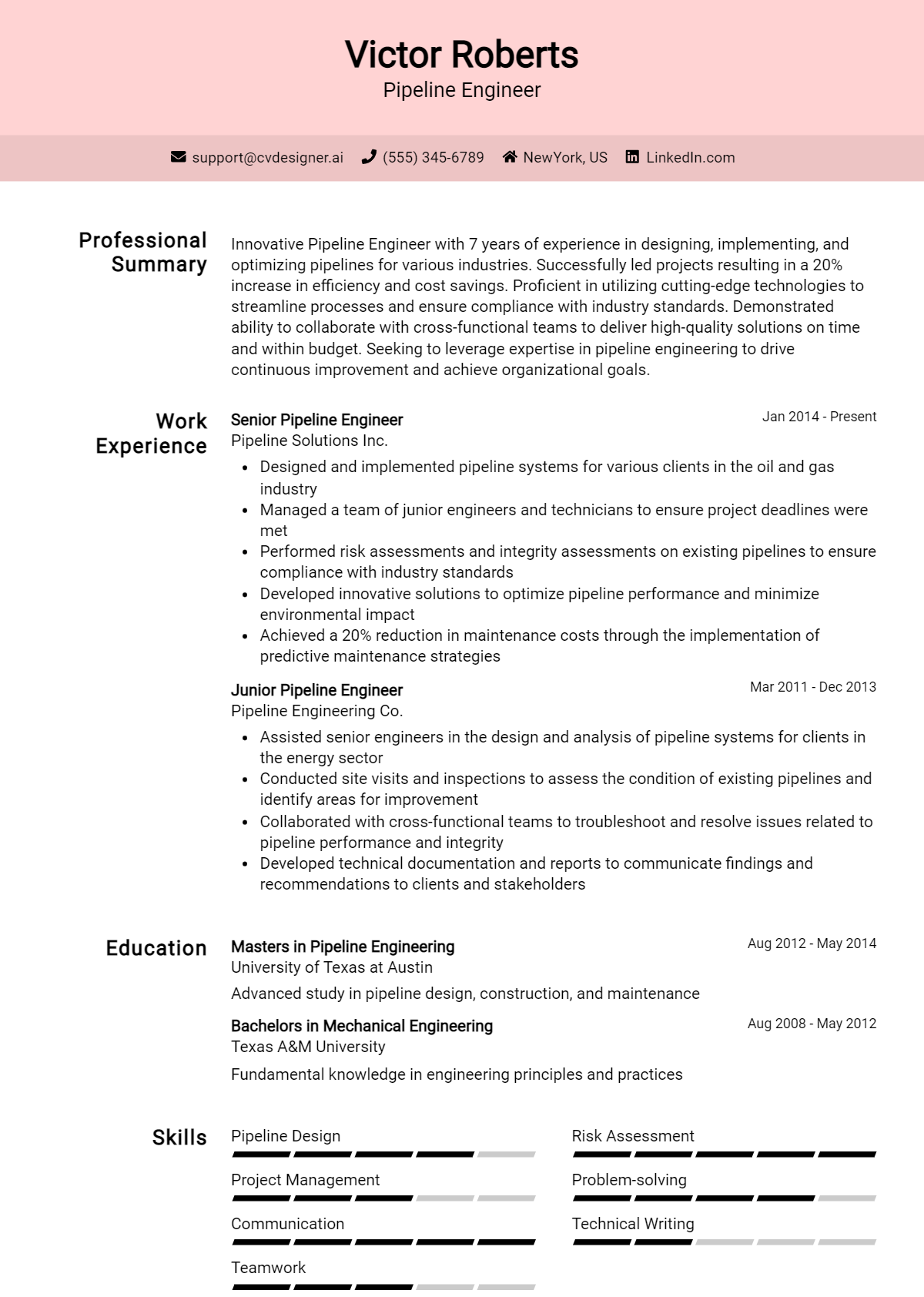 Pipeline Engineer Resume Example