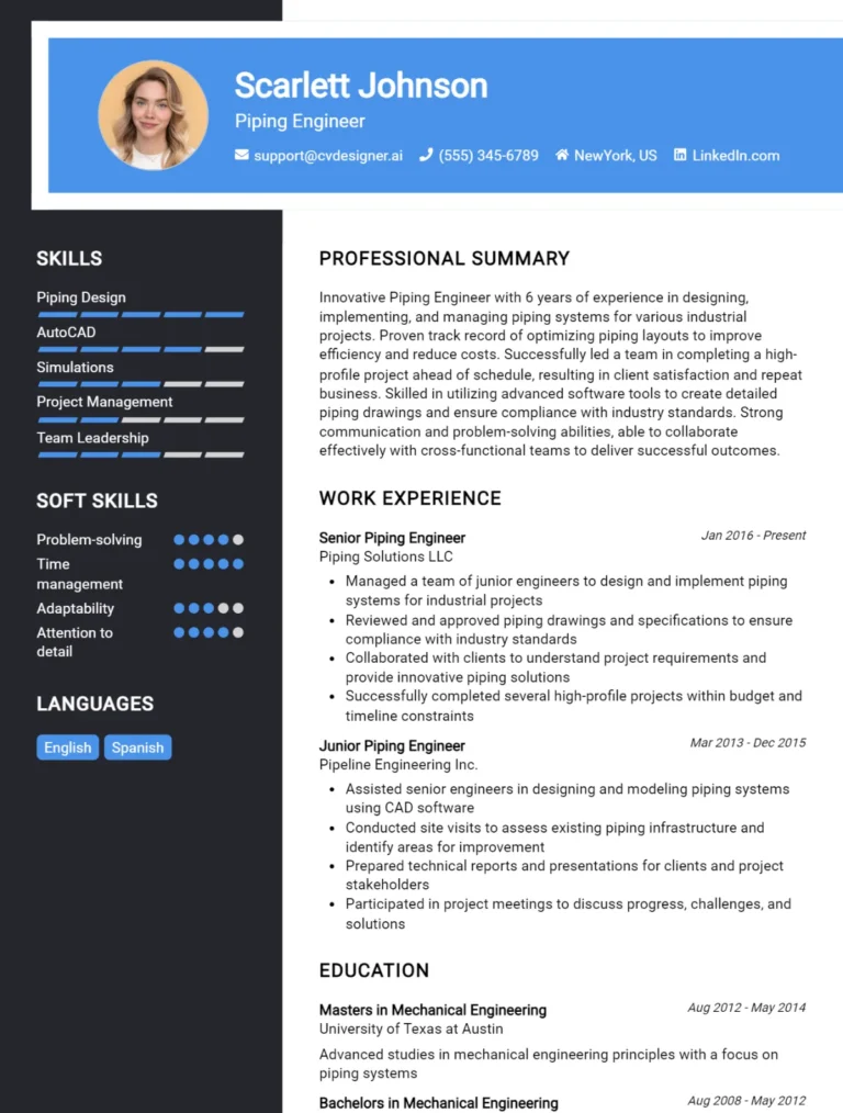 Piping Engineer CV Example For 2025: Ultimate Guide