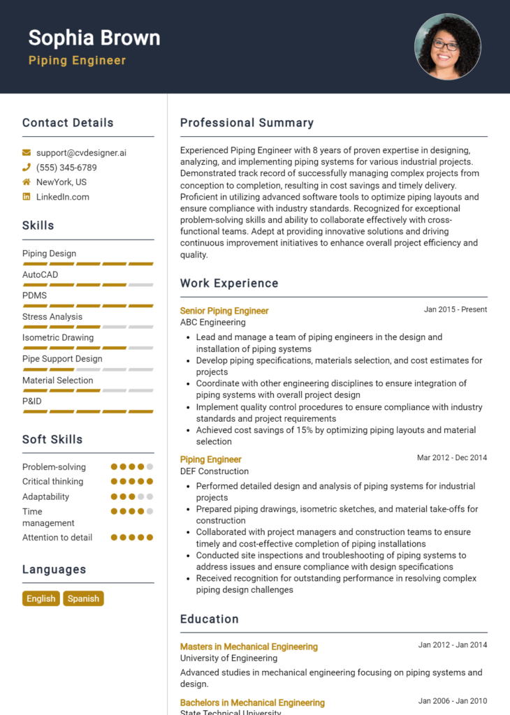 Piping Engineer Resume Example